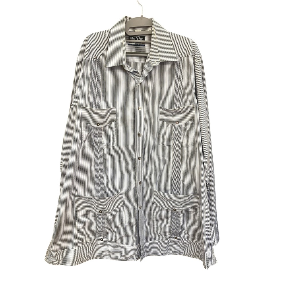 Alberto Pons Italian Cotton Guayabera Shirt Mens XL Long Blue Stripe Luxury Fine